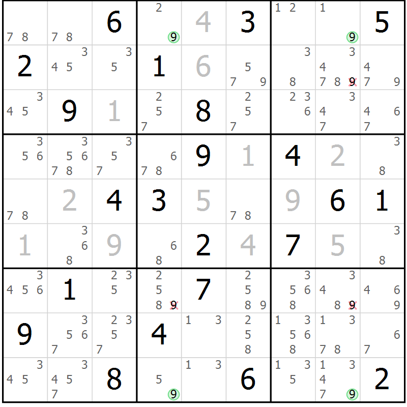 Position des candidats pour la solution de la Gr 3 page 6 du magazine de sudoku Sudoku Suprême n° 039
