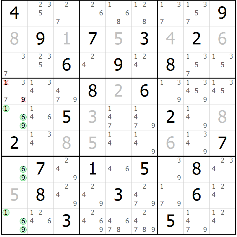 Position des candidats pour la solution de la Gr 32 page 35 du magazine de sudoku Sudoku Suprême n° 039