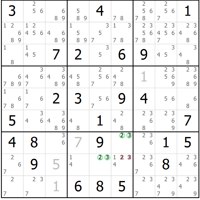 Position des candidats pour la solution de la Gr 33 page 36 du magazine de sudoku Sudoku Suprême n° 039