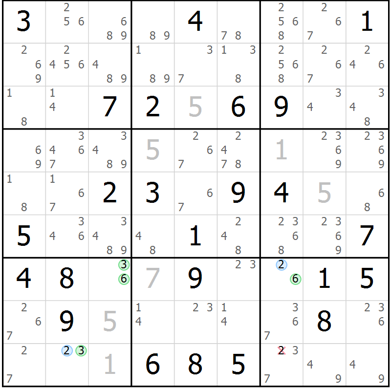 Position des candidats pour la solution de la Gr 33 page 36 du magazine de sudoku Sudoku Suprême n° 039