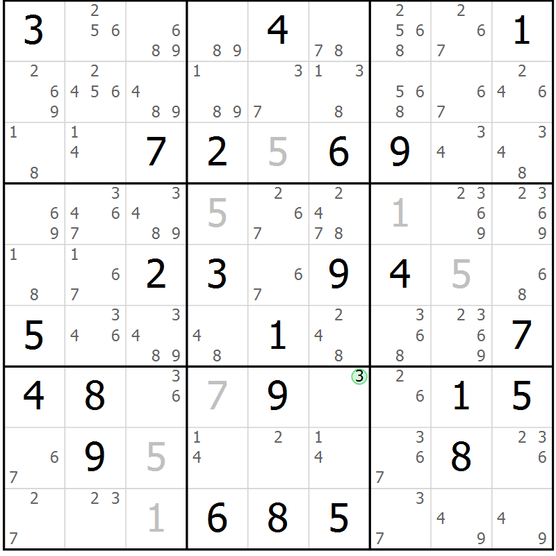 Position des candidats pour la solution de la Gr 33 page 36 du magazine de sudoku Sudoku Suprême n° 039