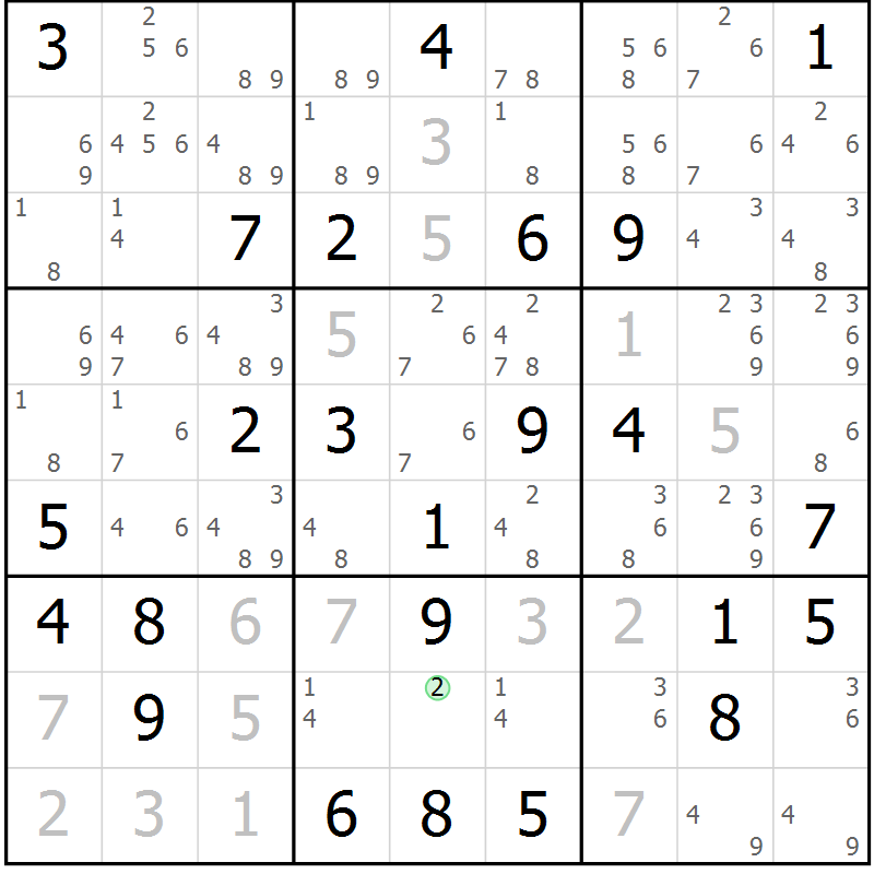 Position des candidats pour la solution de la Gr 33 page 36 du magazine de sudoku Sudoku Suprême n° 039