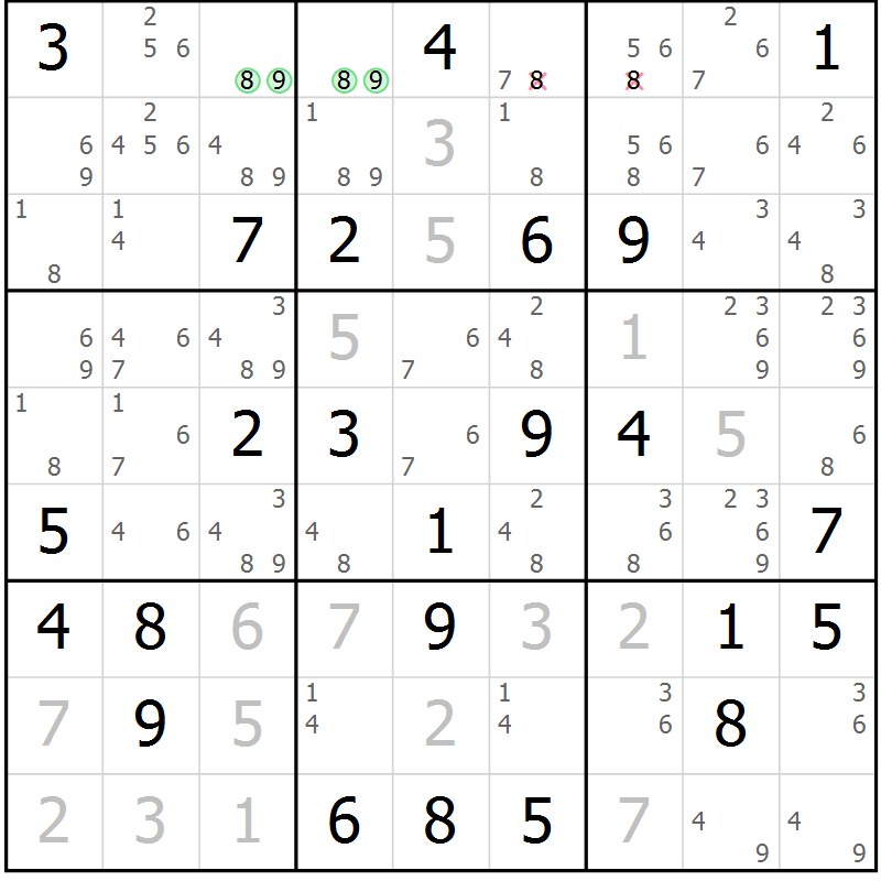 Position des candidats pour la solution de la Gr 33 page 36 du magazine de sudoku Sudoku Suprême n° 039