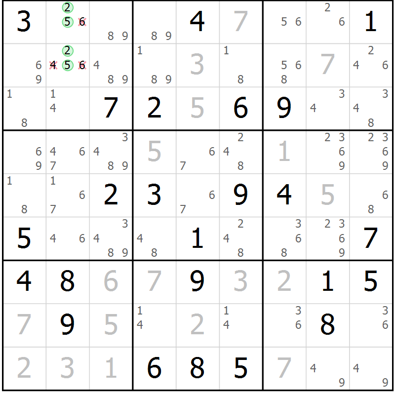 Position des candidats pour la solution de la Gr 33 page 36 du magazine de sudoku Sudoku Suprême n° 039