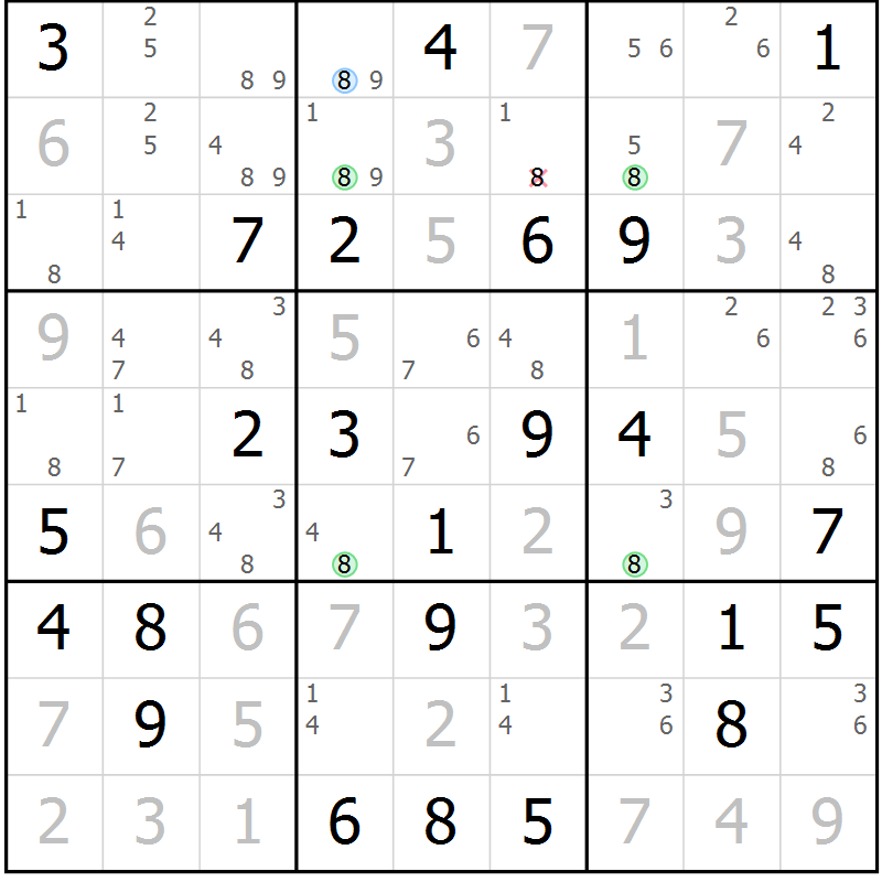 Position des candidats pour la solution de la Gr 33 page 36 du magazine de sudoku Sudoku Suprême n° 039