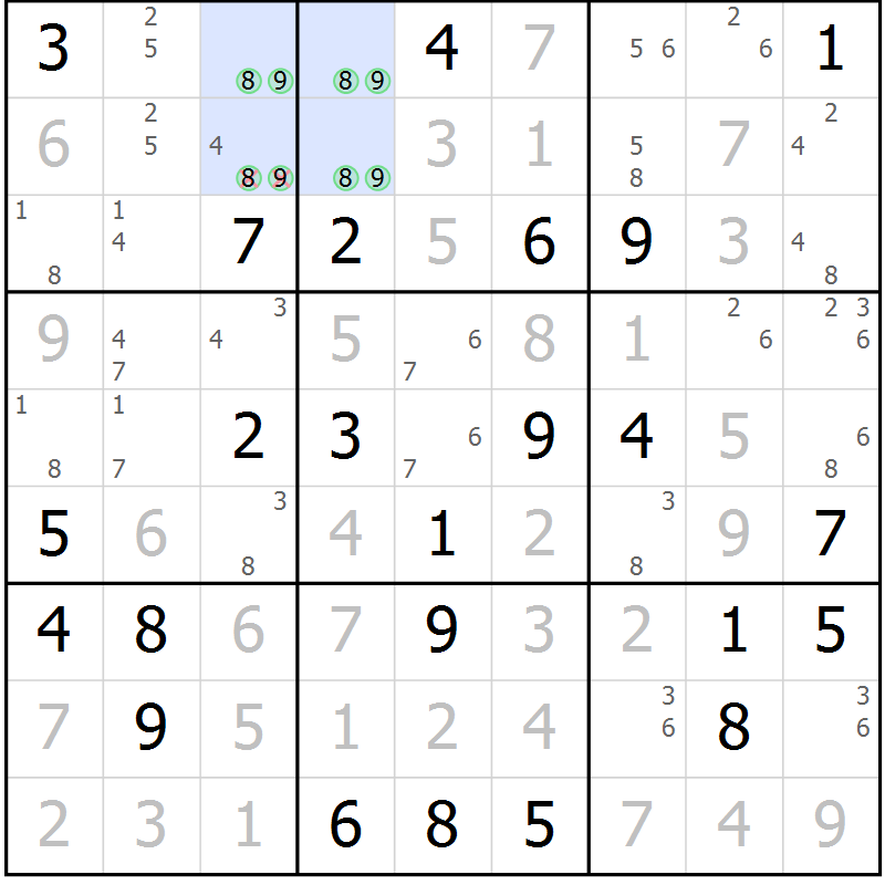 Position des candidats pour la solution de la Gr 33 page 36 du magazine de sudoku Sudoku Suprême n° 039