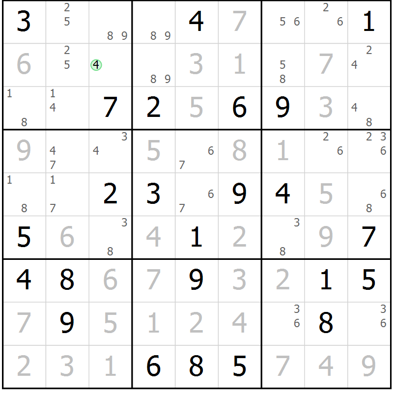 Position des candidats pour la solution de la Gr 33 page 36 du magazine de sudoku Sudoku Suprême n° 039
