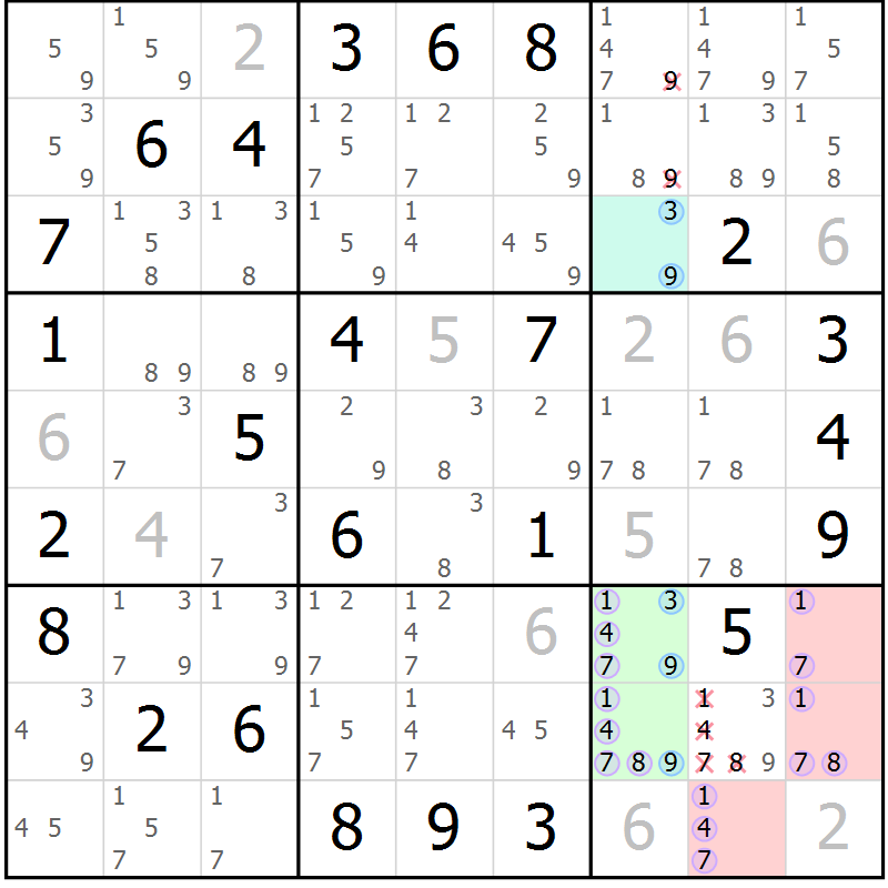 Position des candidats pour la solution de la Gr 35 page 38 du magazine de sudoku Sudoku Suprême n° 039
