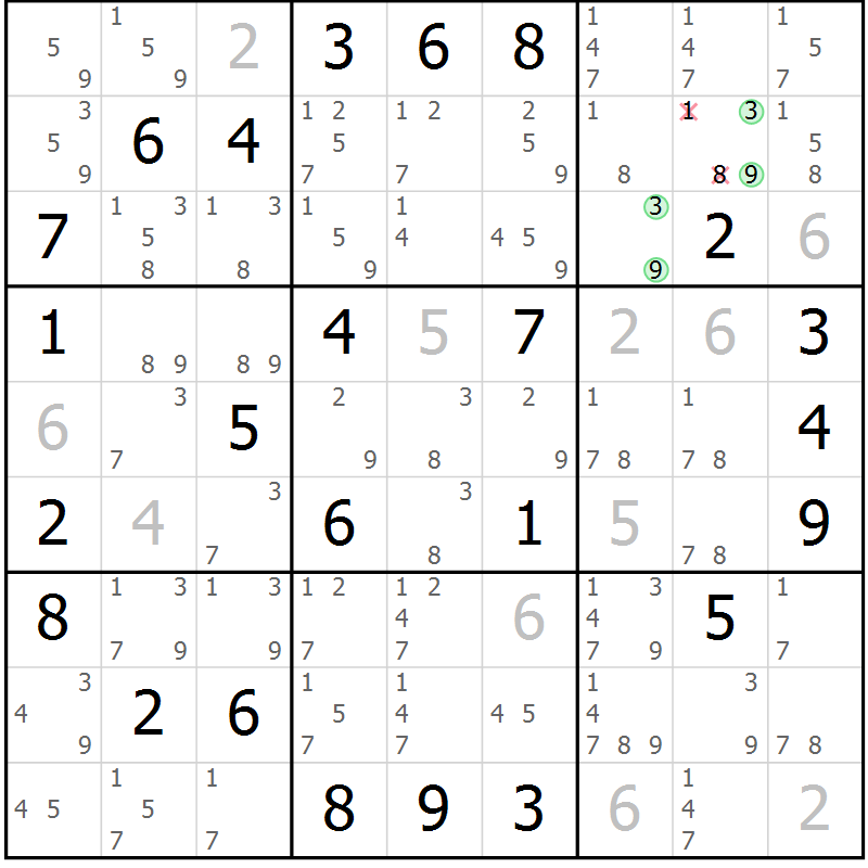 Position des candidats pour la solution de la Gr 35 page 38 du magazine de sudoku Sudoku Suprême n° 039