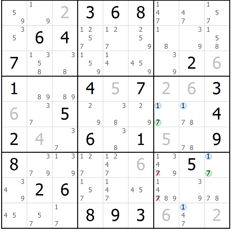 Position des candidats pour la solution de la Gr 35 page 38 du magazine de sudoku Sudoku Suprême n° 039
