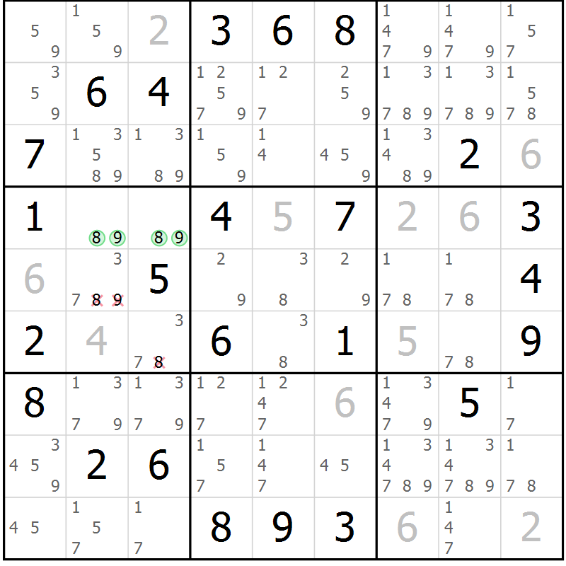 Position des candidats pour la solution de la Gr 35 page 38 du magazine de sudoku Sudoku Suprême n° 039