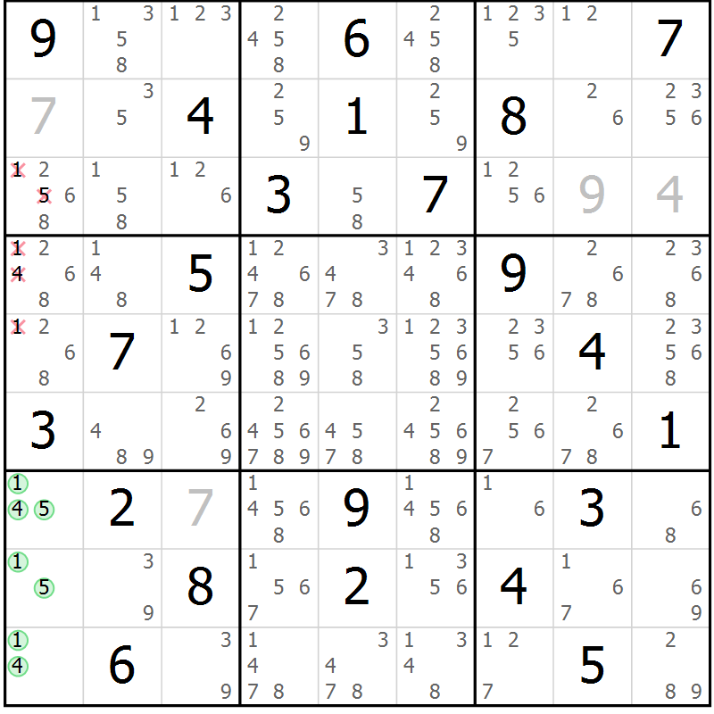 Position des candidats pour la solution de la Gr 4 page 7 du magazine de sudoku Sudoku Suprême n° 039