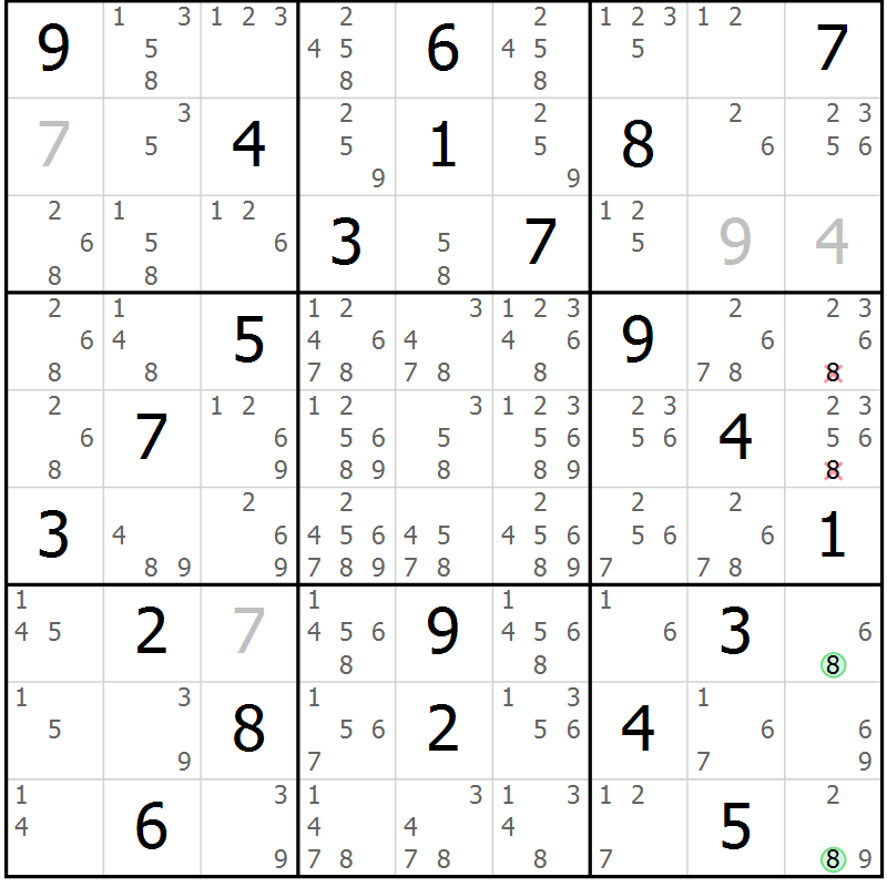 Position des candidats pour la solution de la Gr 4 page 7 du magazine de sudoku Sudoku Suprême n° 039