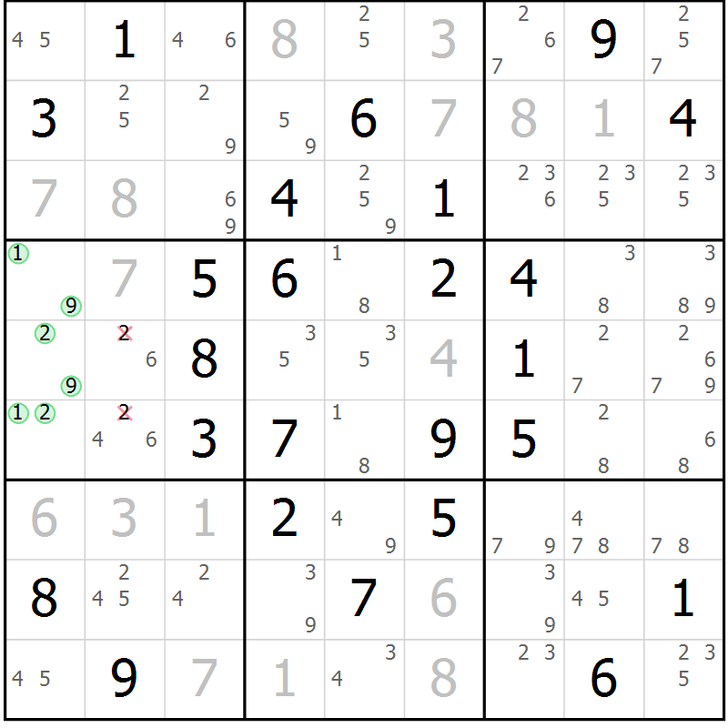 Position des candidats pour la solution de la Gr 40 page 43 du magazine de sudoku Sudoku Suprême n° 039