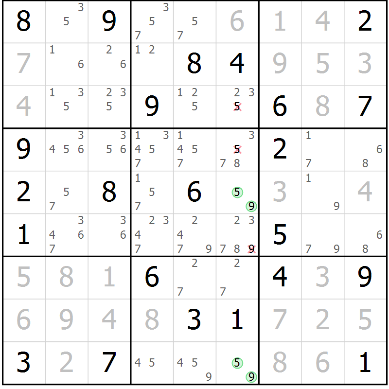 Position des candidats pour la solution de la Gr 42 page 45 du magazine de sudoku Sudoku Suprême n° 039