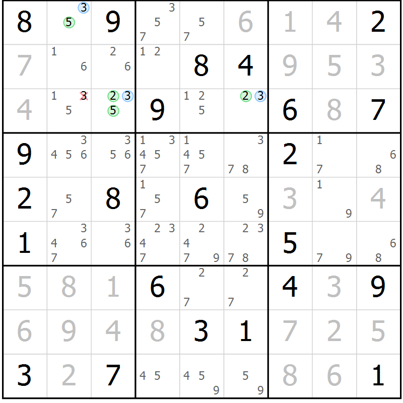 Position des candidats pour la solution de la Gr 42 page 45 du magazine de sudoku Sudoku Suprême n° 039