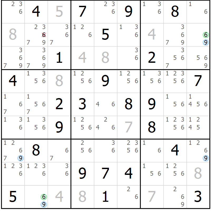 Position des candidats pour la solution de la Gr 43 page 46 du magazine de sudoku Sudoku Suprême n° 039
