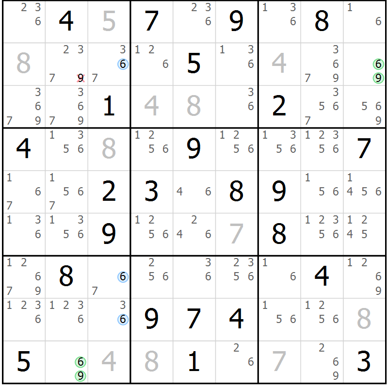 Position des candidats pour la solution de la Gr 43 page 46 du magazine de sudoku Sudoku Suprême n° 039