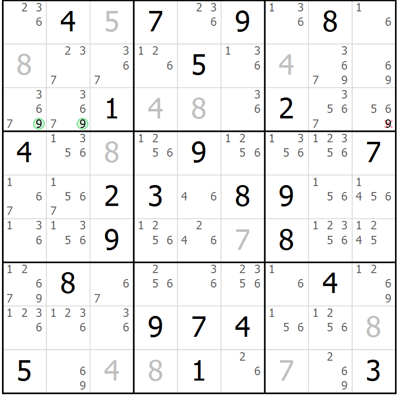 Position des candidats pour la solution de la Gr 43 page 46 du magazine de sudoku Sudoku Suprême n° 039
