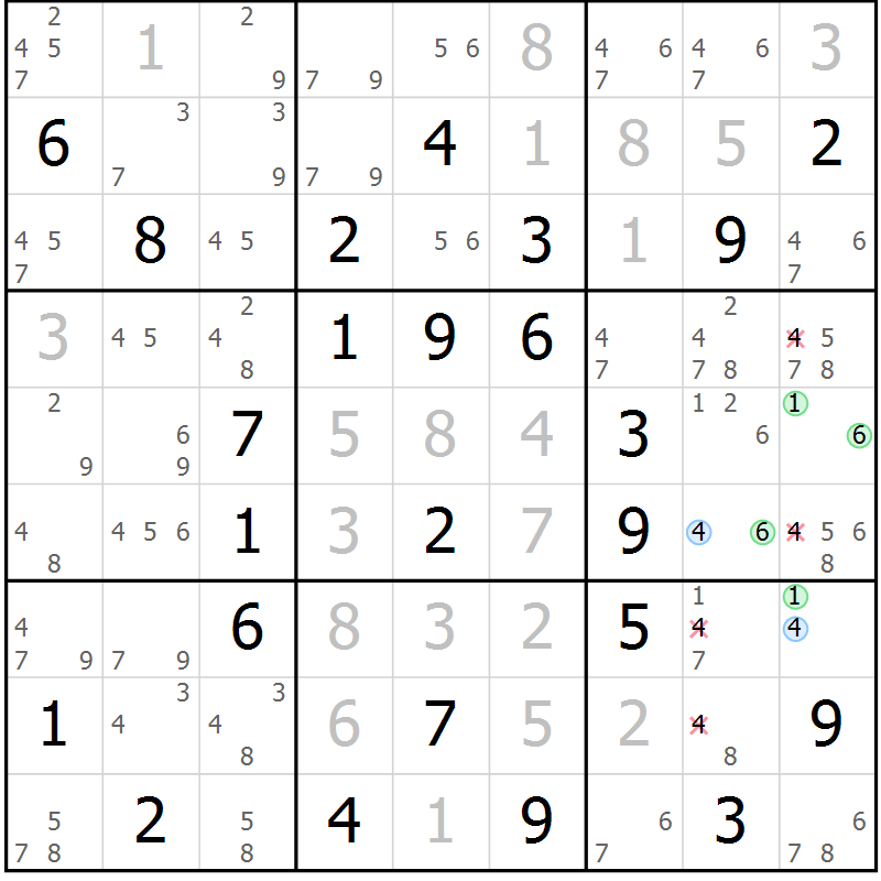 Position des candidats pour la solution de la Gr 44 page 47 du magazine de sudoku Sudoku Suprême n° 039
