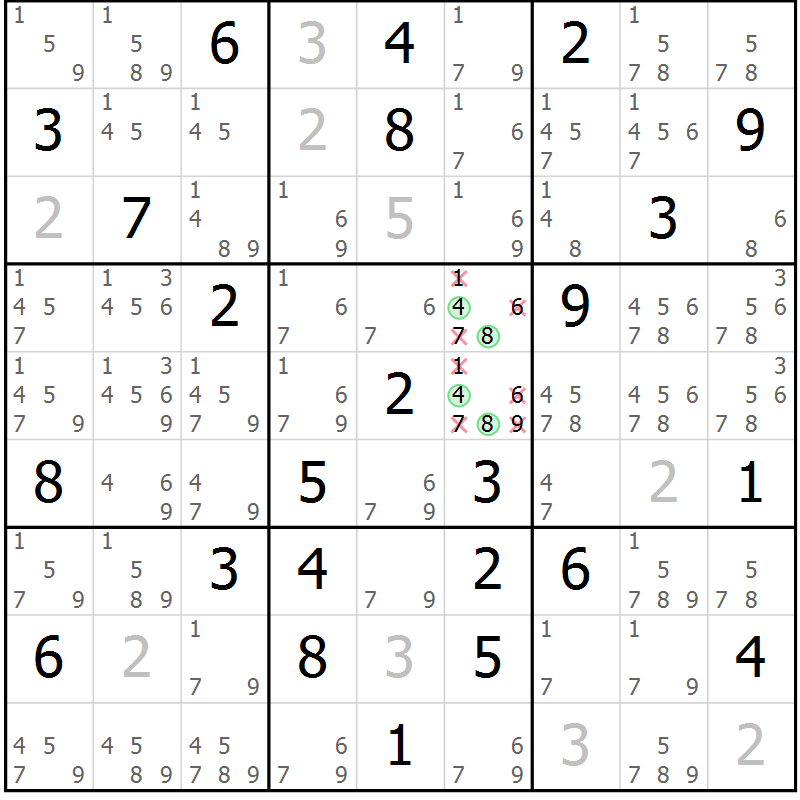 Position des candidats pour la solution de la Gr 46 page 49 du magazine de sudoku Sudoku Suprême n° 039