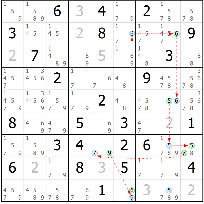 Position des candidats pour la solution de la Gr 46 page 49 du magazine de sudoku Sudoku Suprême n° 039