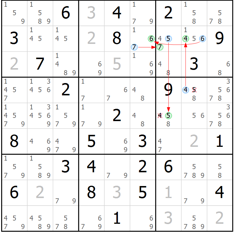 Position des candidats pour la solution de la Gr 46 page 49 du magazine de sudoku Sudoku Suprême n° 039