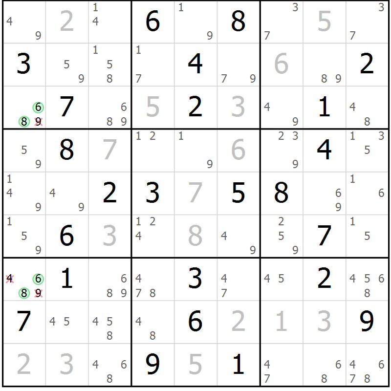 Position des candidats pour la solution de la Gr 48 page 51 du magazine de sudoku Sudoku Suprême n° 039