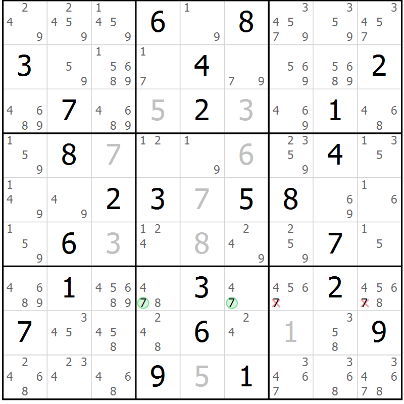 Position des candidats pour la solution de la Gr 48 page 51 du magazine de sudoku Sudoku Suprême n° 039