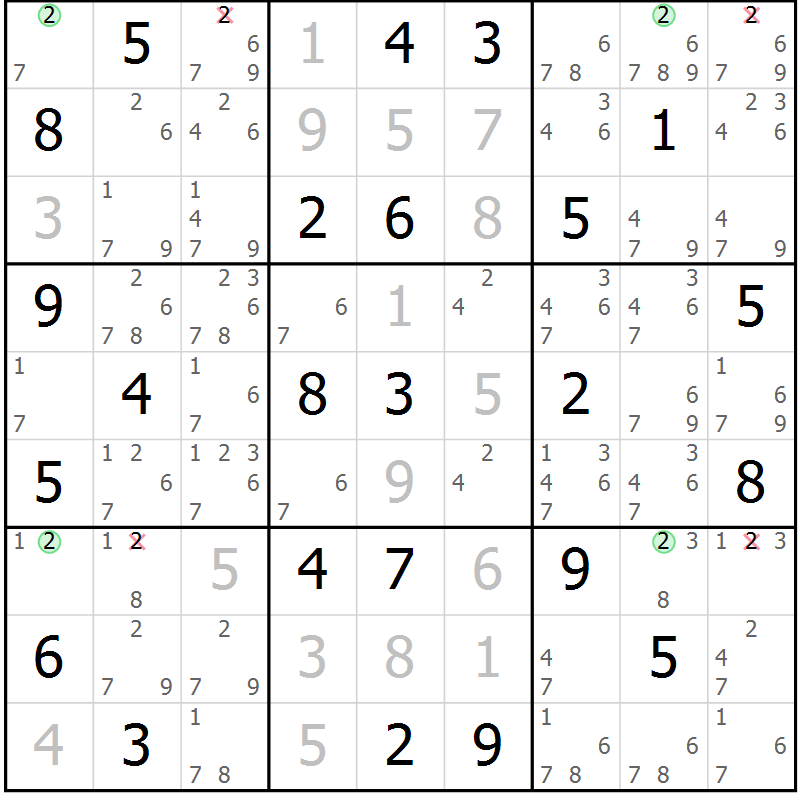 Position des candidats pour la solution de la Gr 49 page 52 du magazine de sudoku Sudoku Suprême n° 039