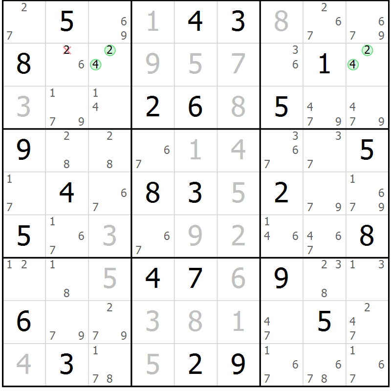 Position des candidats pour la solution de la Gr 49 page 52 du magazine de sudoku Sudoku Suprême n° 039