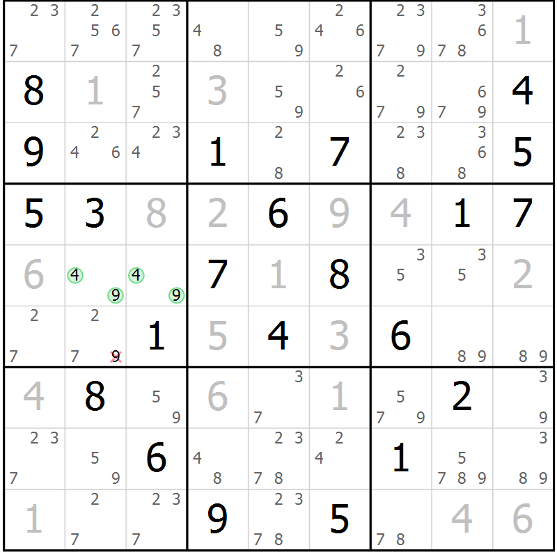 Position des candidats pour la solution de la Gr 5 page 8 du magazine de sudoku Sudoku Suprême n° 039
