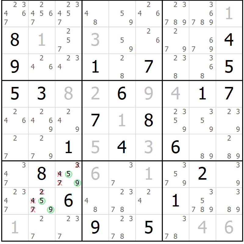 Position des candidats pour la solution de la Gr 5 page 8 du magazine de sudoku Sudoku Suprême n° 039
