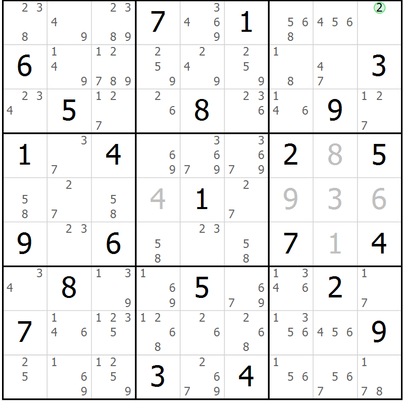 Position des candidats pour la solution de la Gr 50 page 53 du magazine de sudoku Sudoku Suprême n° 039