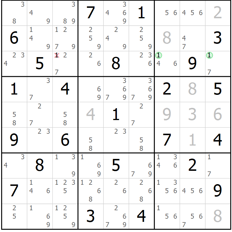 Position des candidats pour la solution de la Gr 50 page 53 du magazine de sudoku Sudoku Suprême n° 039