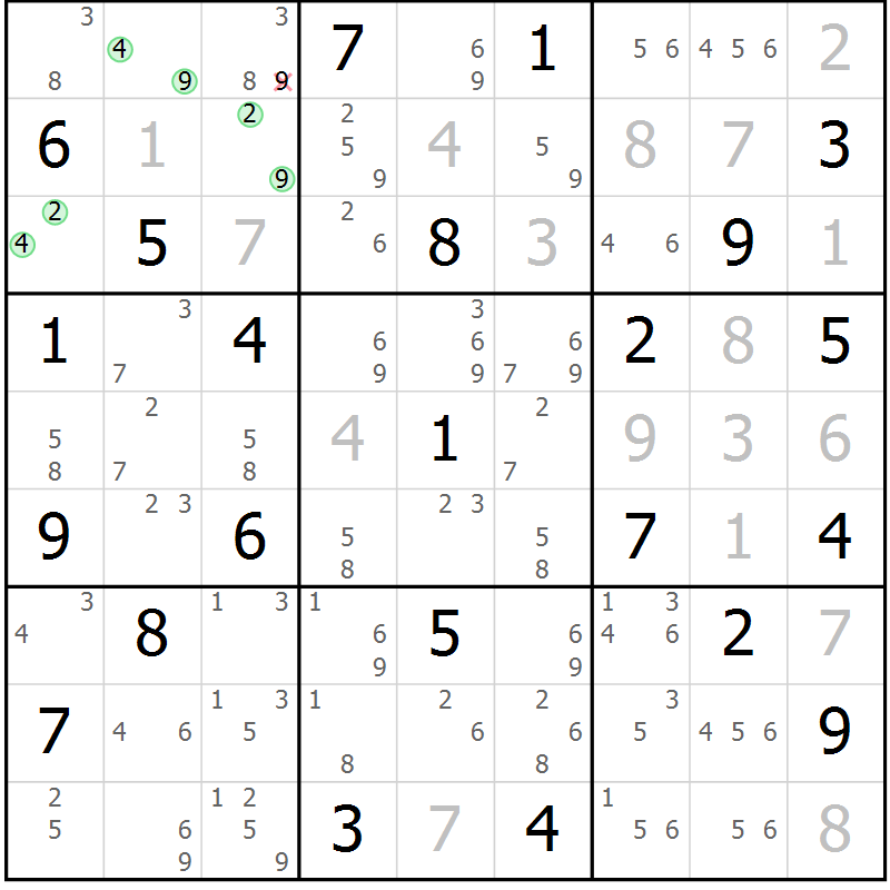 Position des candidats pour la solution de la Gr 50 page 53 du magazine de sudoku Sudoku Suprême n° 039