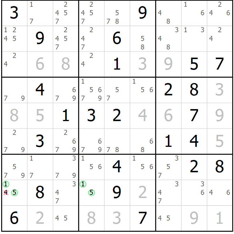 Position des candidats pour la solution de la Gr 51 page 54 du magazine de sudoku Sudoku Suprême n° 039