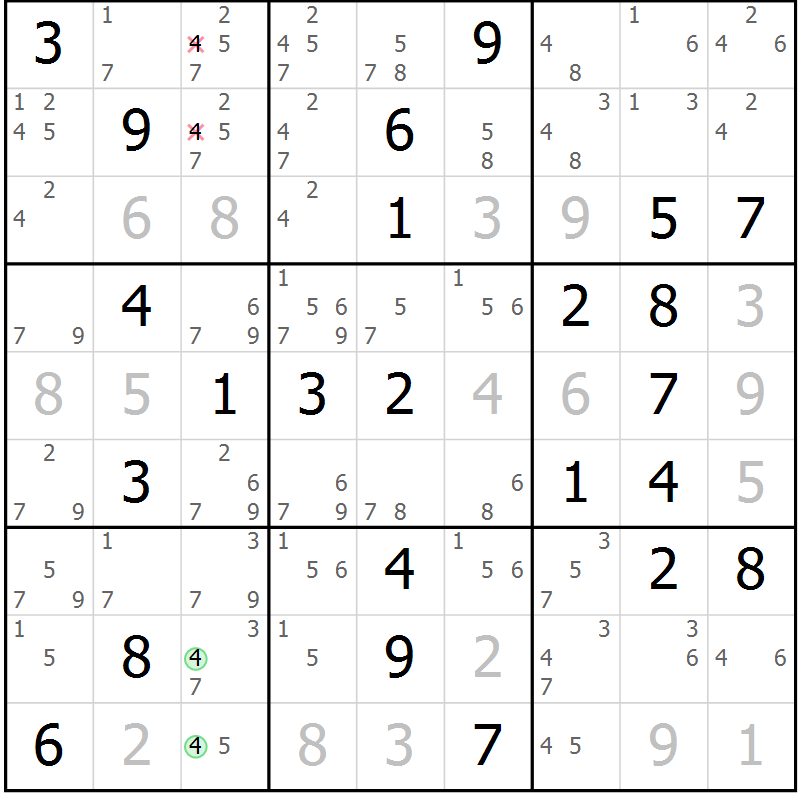 Position des candidats pour la solution de la Gr 51 page 54 du magazine de sudoku Sudoku Suprême n° 039