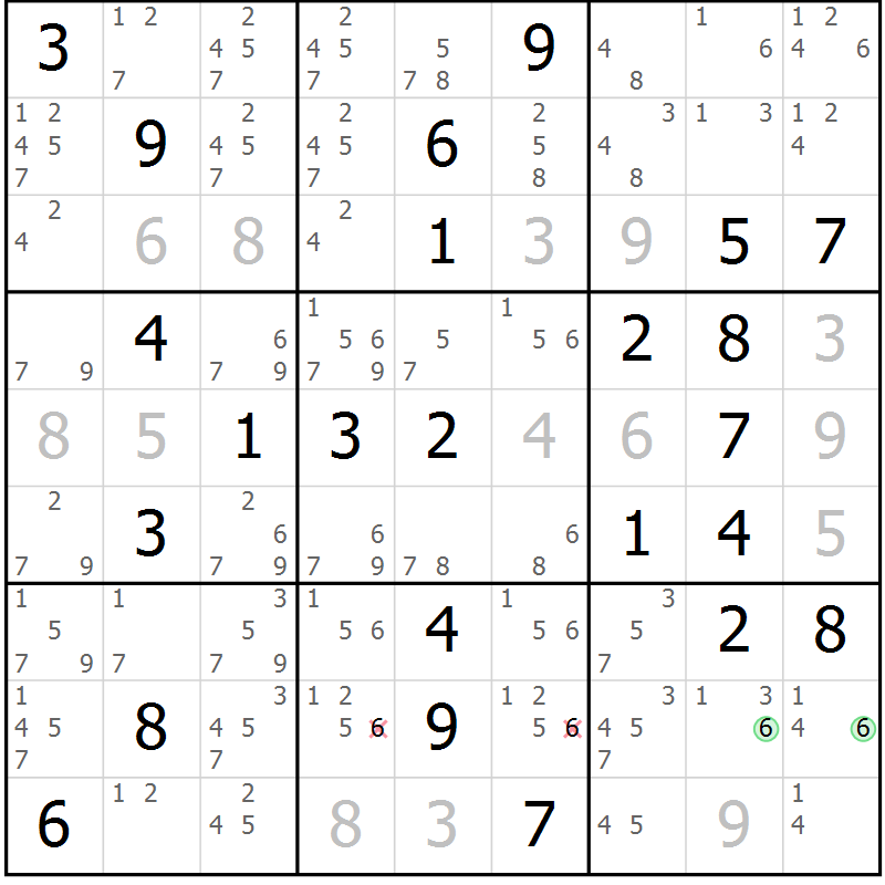 Position des candidats pour la solution de la Gr 51 page 54 du magazine de sudoku Sudoku Suprême n° 039