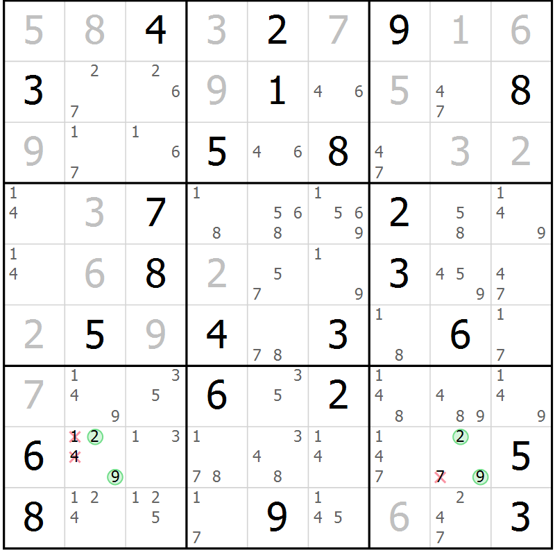 Position des candidats pour la solution de la Gr 52 page 55 du magazine de sudoku Sudoku Suprême n° 039