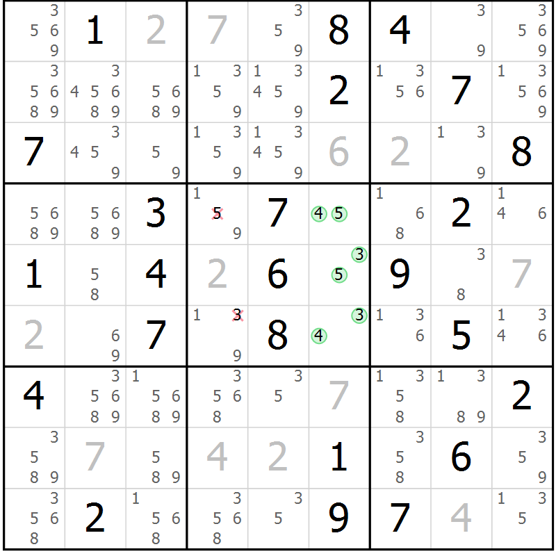 Position des candidats pour la solution de la Gr 53 page 56 du magazine de sudoku Sudoku Suprême n° 039