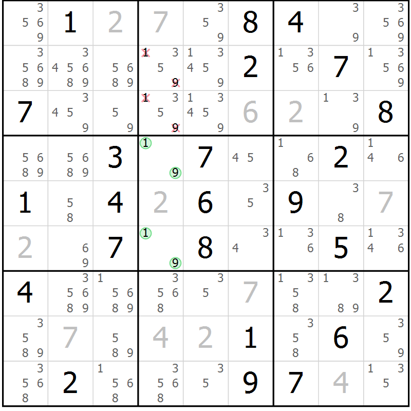 Position des candidats pour la solution de la Gr 53 page 56 du magazine de sudoku Sudoku Suprême n° 039