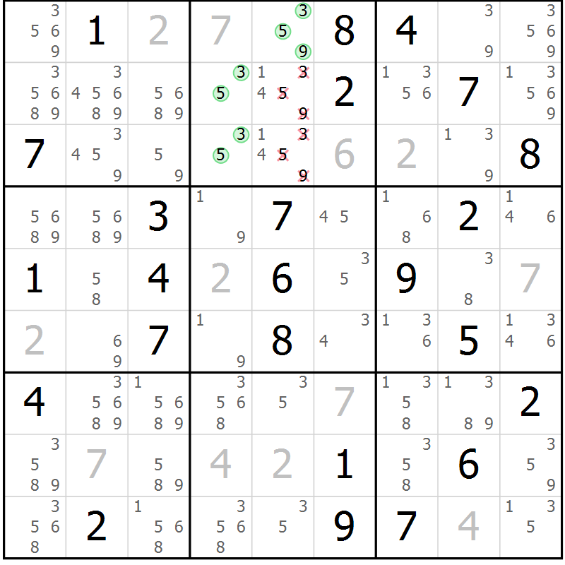 Position des candidats pour la solution de la Gr 53 page 56 du magazine de sudoku Sudoku Suprême n° 039