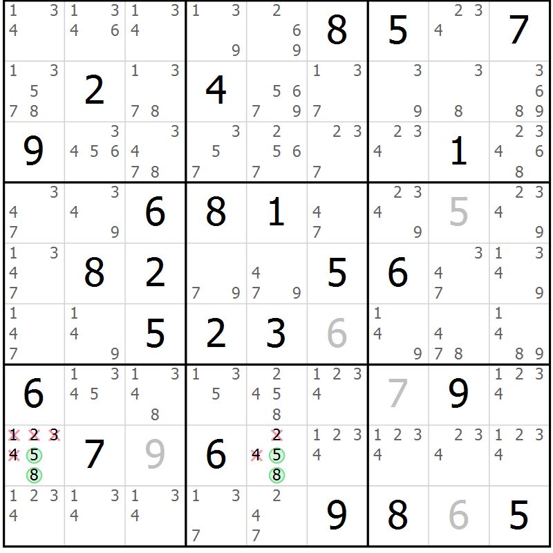 Position des candidats pour la solution de la Gr 54 page 57 du magazine de sudoku Sudoku Suprême n° 039