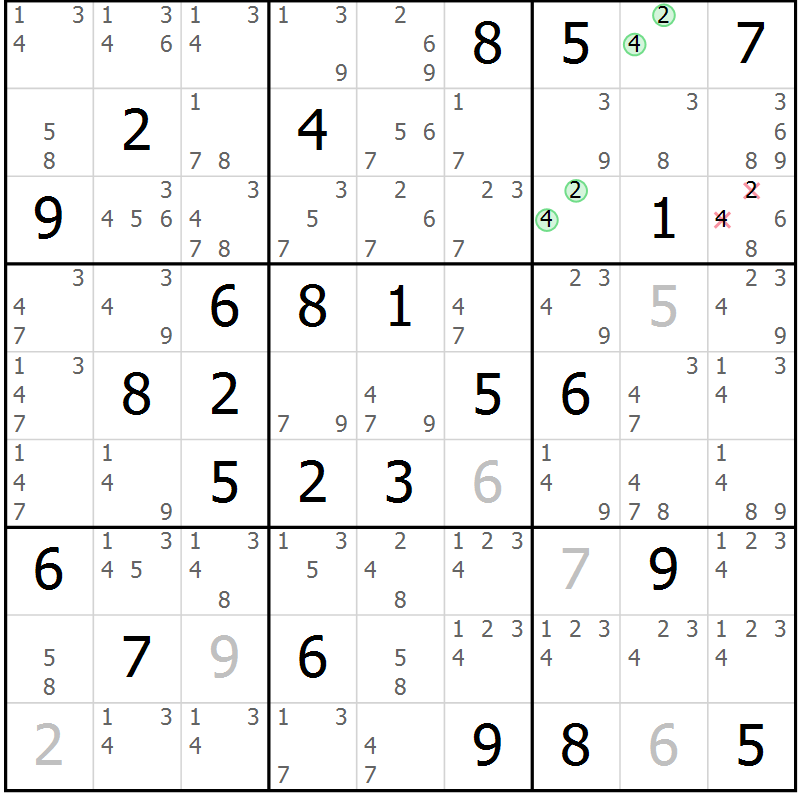 Position des candidats pour la solution de la Gr 54 page 57 du magazine de sudoku Sudoku Suprême n° 039