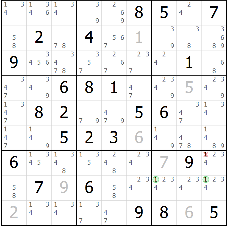 Position des candidats pour la solution de la Gr 54 page 57 du magazine de sudoku Sudoku Suprême n° 039