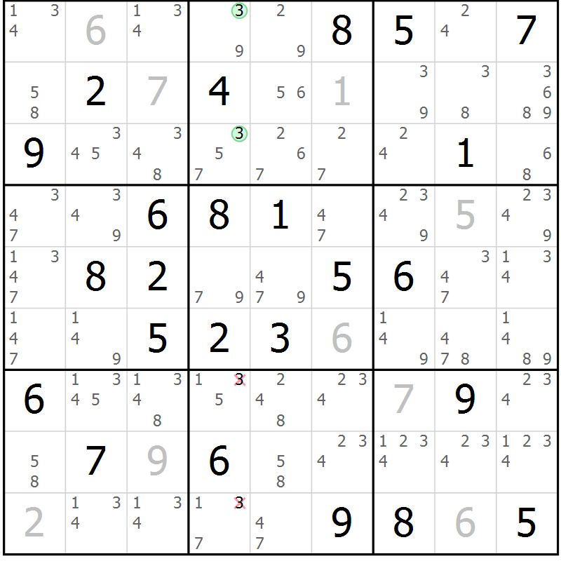 Position des candidats pour la solution de la Gr 54 page 57 du magazine de sudoku Sudoku Suprême n° 039