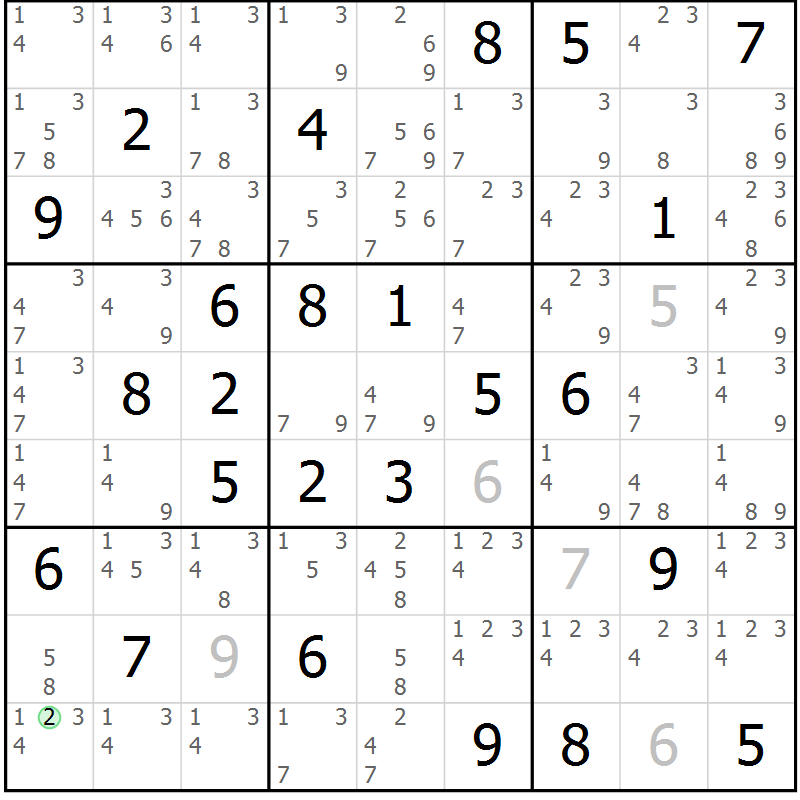 Position des candidats pour la solution de la Gr 54 page 57 du magazine de sudoku Sudoku Suprême n° 039