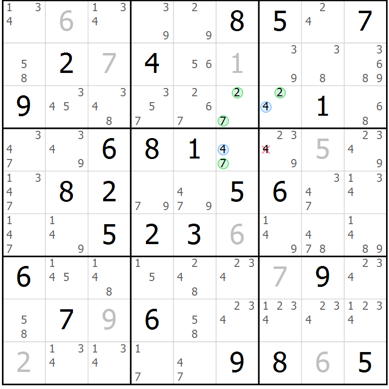 Position des candidats pour la solution de la Gr 54 page 57 du magazine de sudoku Sudoku Suprême n° 039