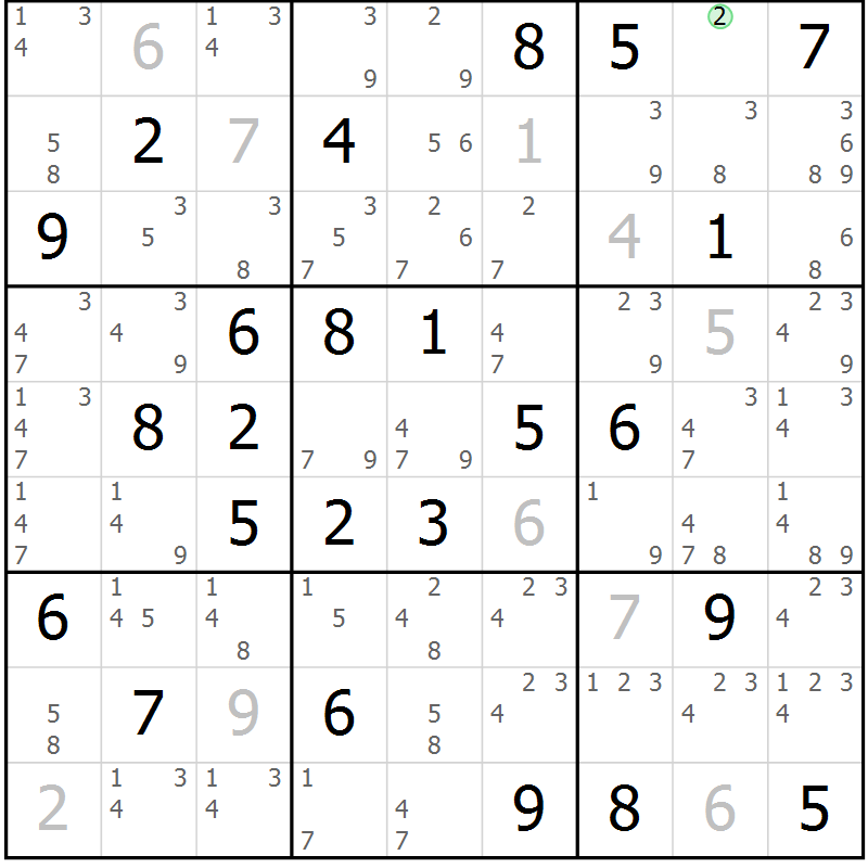 Position des candidats pour la solution de la Gr 54 page 57 du magazine de sudoku Sudoku Suprême n° 039